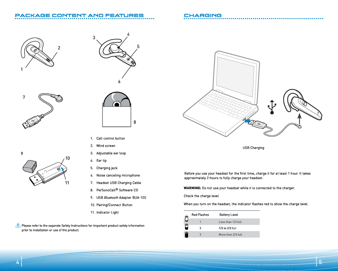 Plantronics 920 manual Package content and features, Charging 