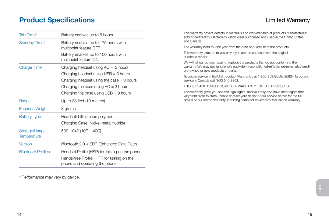 Plantronics 925 manual Product Specifications 