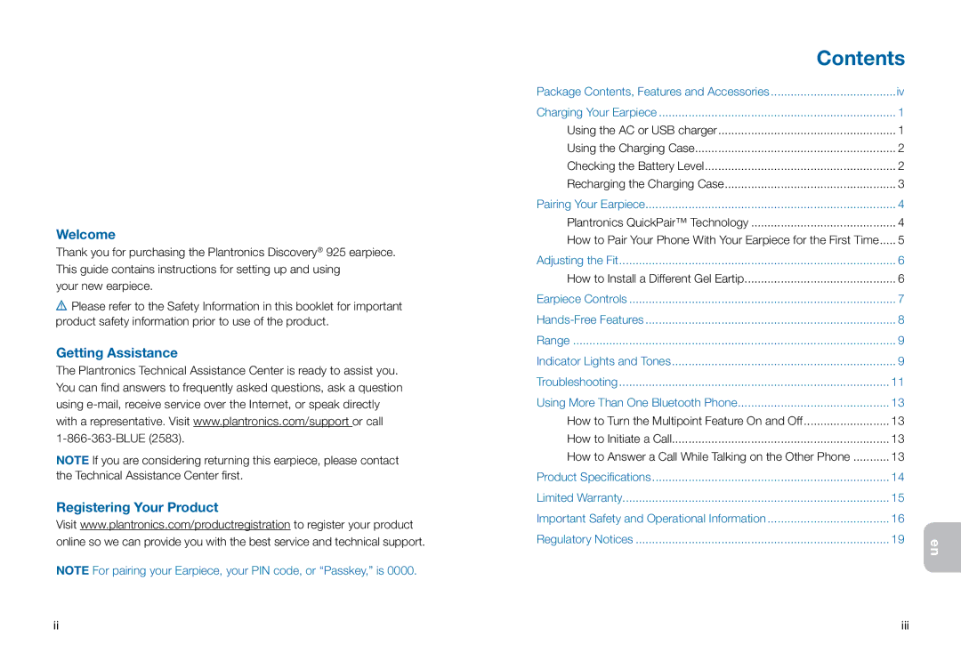 Plantronics 925 manual Contents 