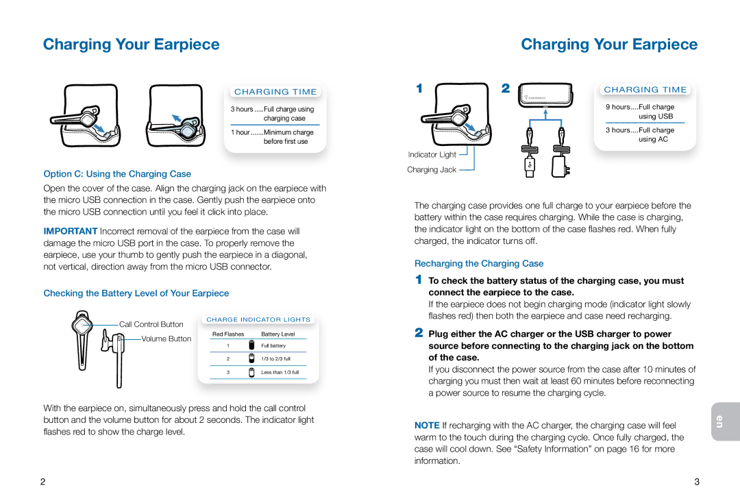 Plantronics 925 manual Option C Using the Charging Case, Checking the Battery Level of Your Earpiece 