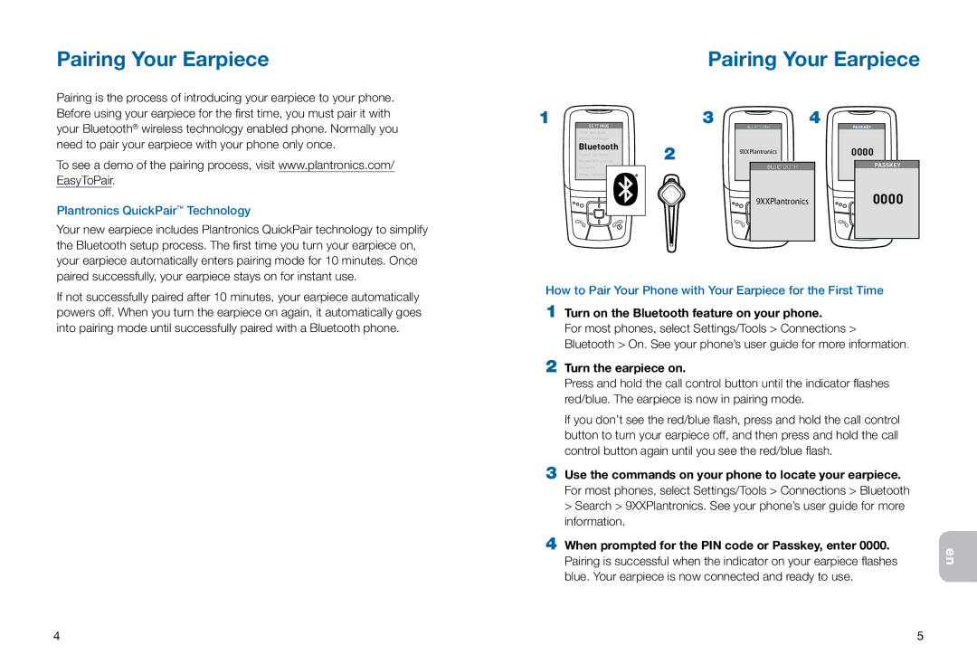 Plantronics 925 manual Pairing Your Earpiece, Plantronics QuickPair Technology 