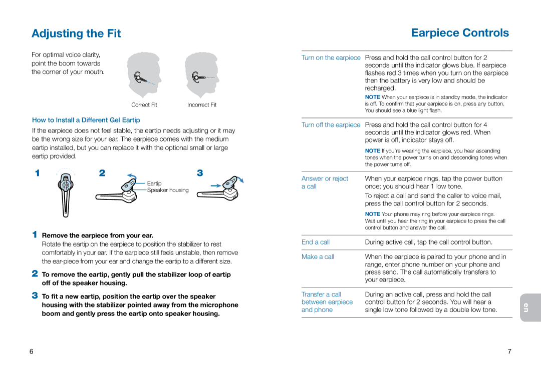 Plantronics 925 manual Adjusting the Fit, Earpiece Controls 