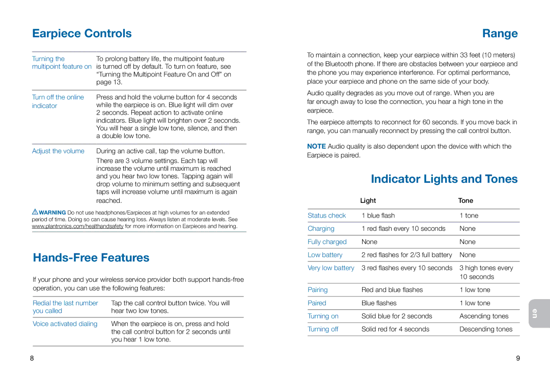 Plantronics 925 manual Hands-Free Features, Range, Indicator Lights and Tones 