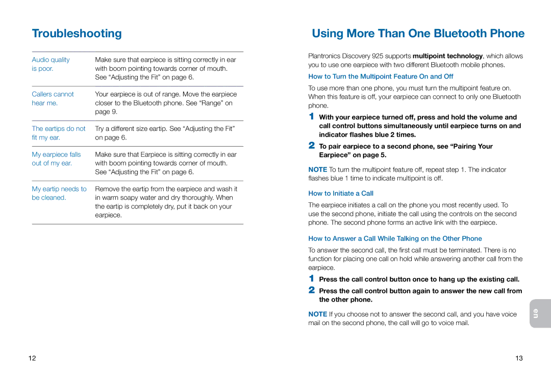 Plantronics 925 manual Using More Than One Bluetooth Phone 