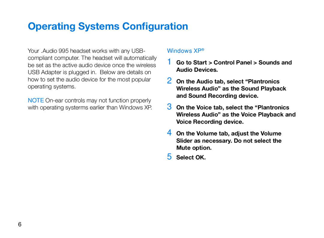 Plantronics 995 manual Operating Systems Configuration, Windows XP 