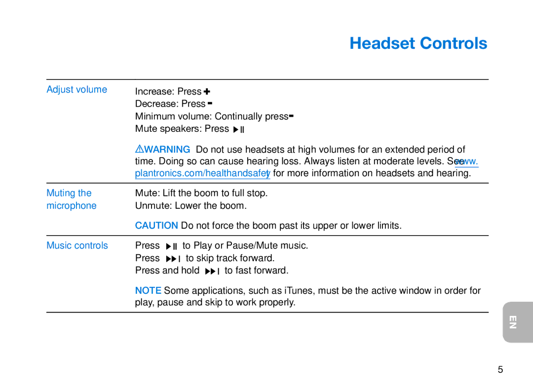 Plantronics 995 manual Headset Controls, Adjust volume, Muting, Microphone, Music controls 