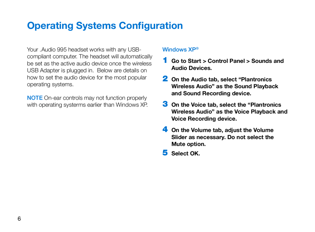 Plantronics 995 manual Operating Systems Configuration, Windows XP 