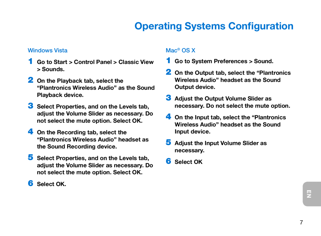 Plantronics 995 manual Windows Vista, Mac OS, Operating Systems Configuration, 6Select OK 