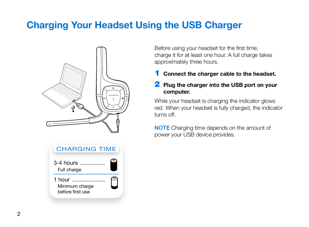 Plantronics 995 manual Charging Your Headset Using the USB Charger, Charging time 