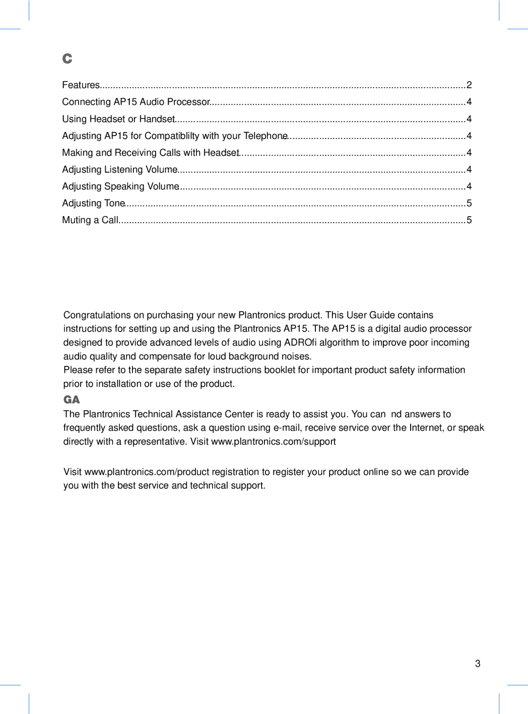 Plantronics AP15 manual Contents 