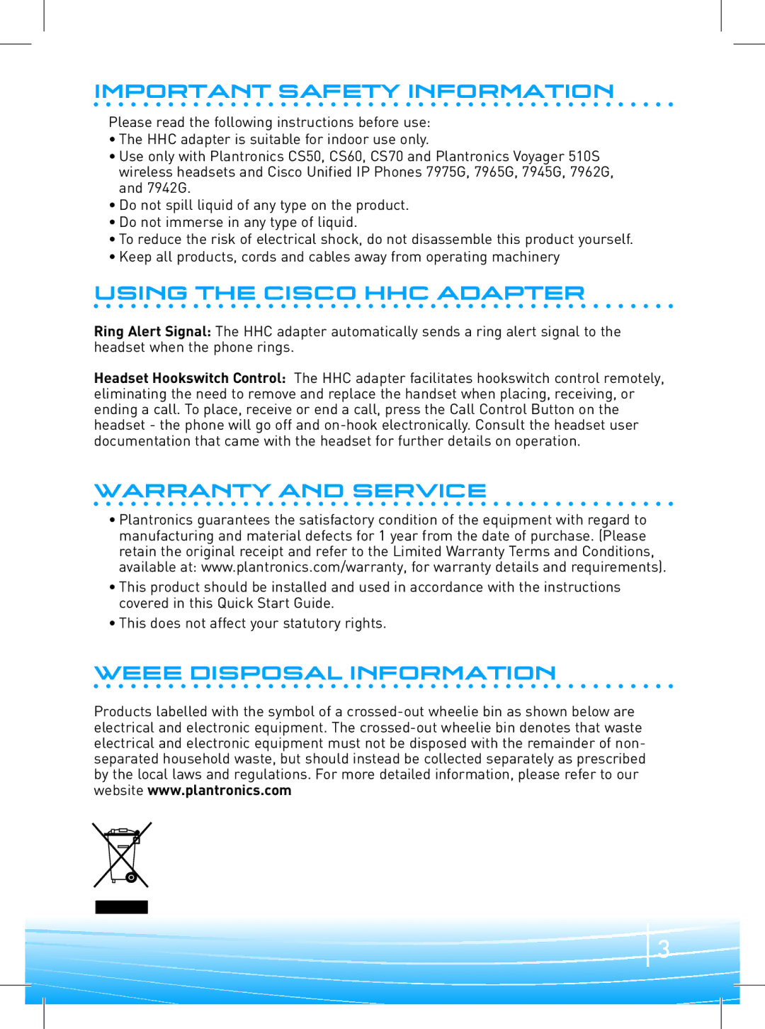 Plantronics APC-4 quick start Important Safety Information, Using the Cisco HHC Adapter, Warranty and Service 