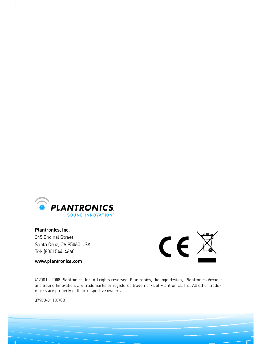 Plantronics APC-4 Plantronics, Inc, Encinal Street Santa Cruz, CA 95060 USA Tel 800, Sound Innovation, 37980-01 03/08 