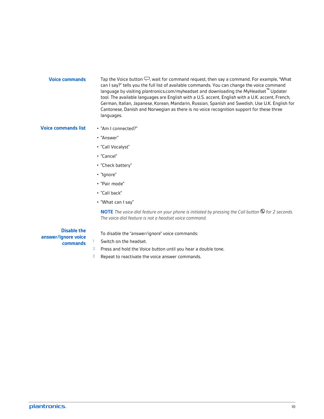 Plantronics B235-M manual Disable, Commands 