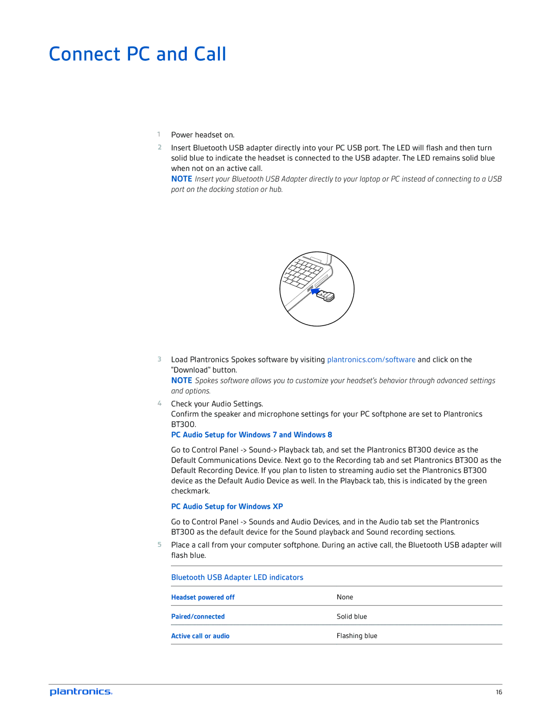 Plantronics B235-M manual Connect PC and Call, Bluetooth USB Adapter LED indicators 