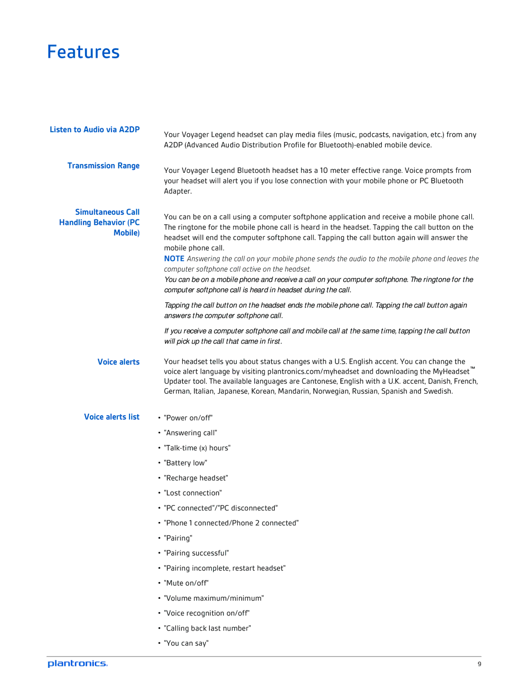 Plantronics B235-M manual Features, Voice alerts list 