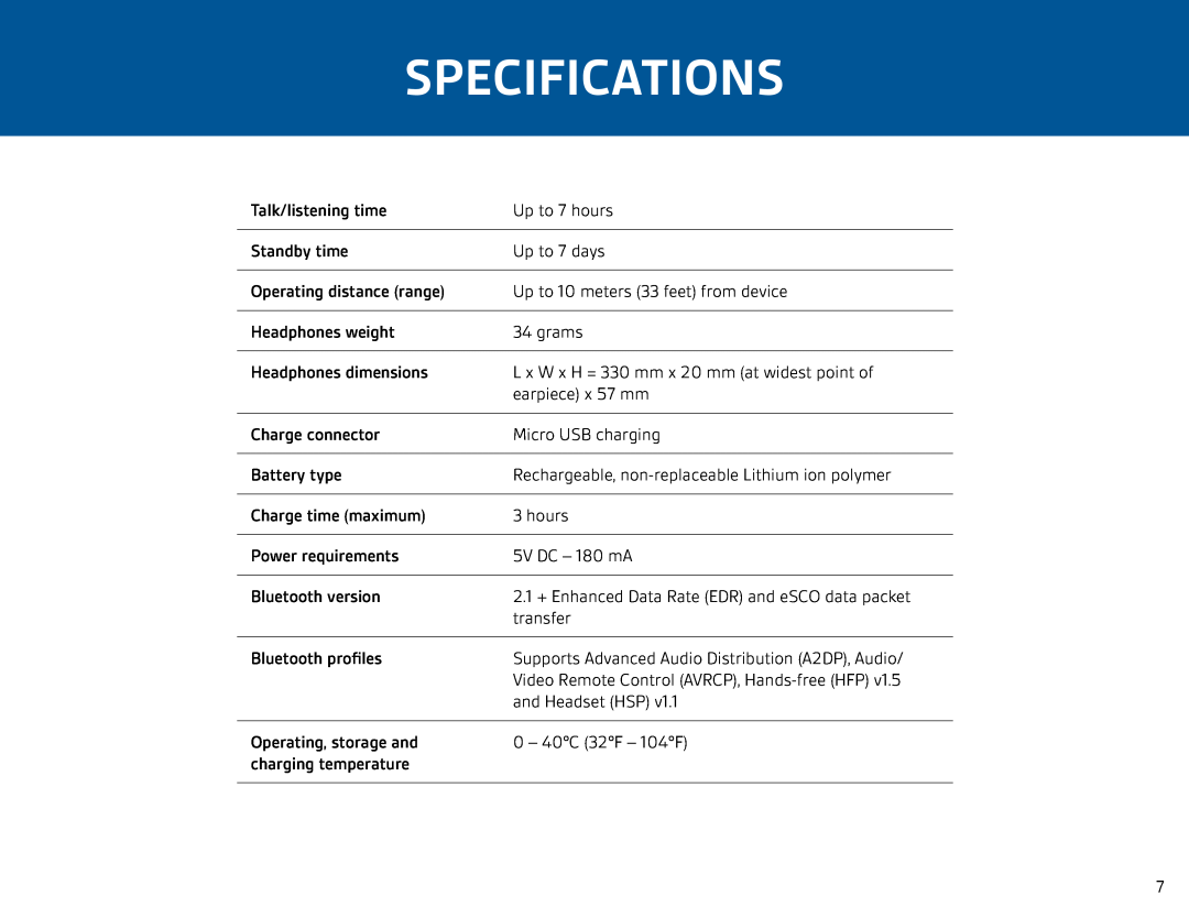 Plantronics BackBeat 903+ manual Specifications 