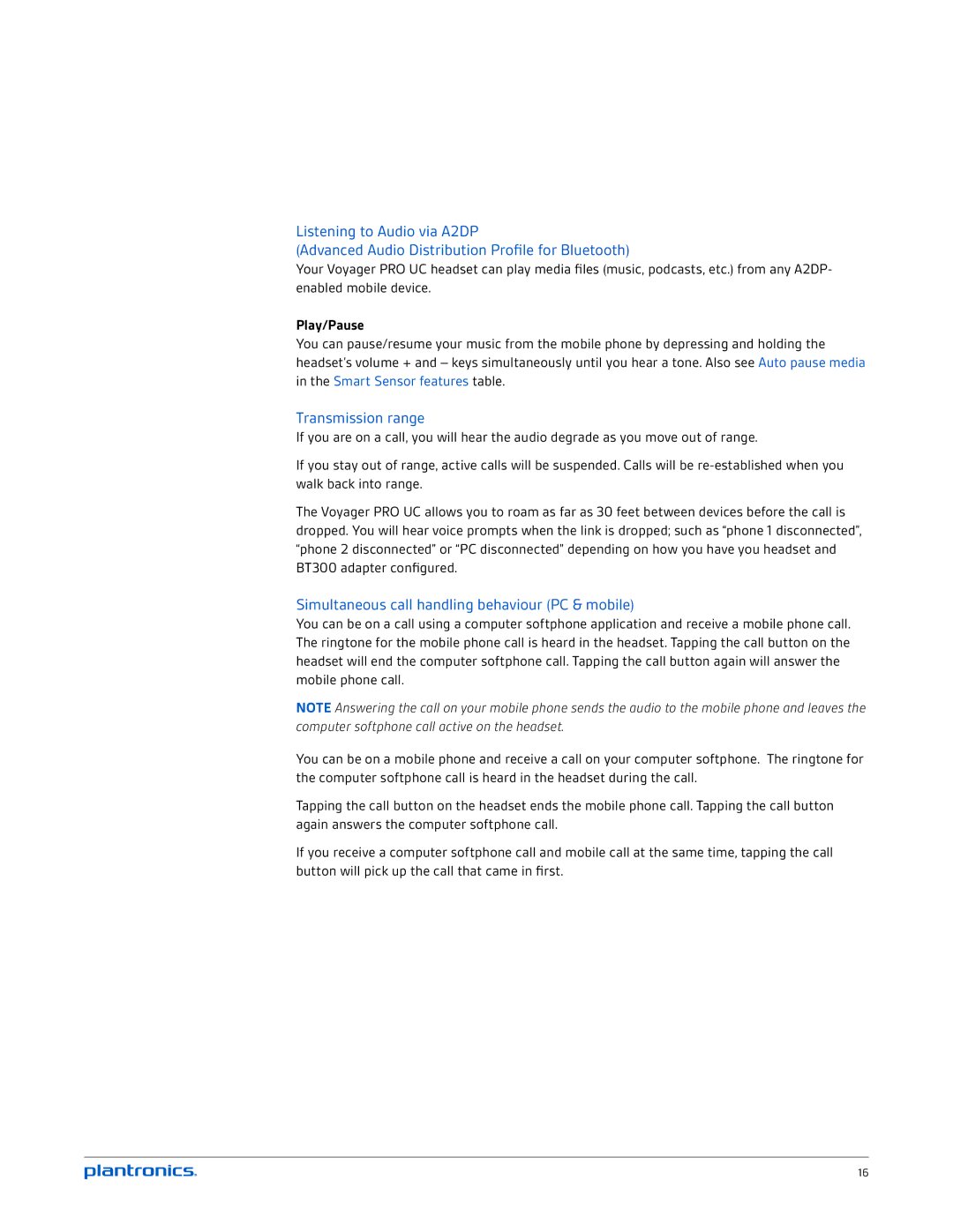 Plantronics BT300 manual Transmission range, Simultaneous call handling behaviour PC & mobile, Play/Pause 