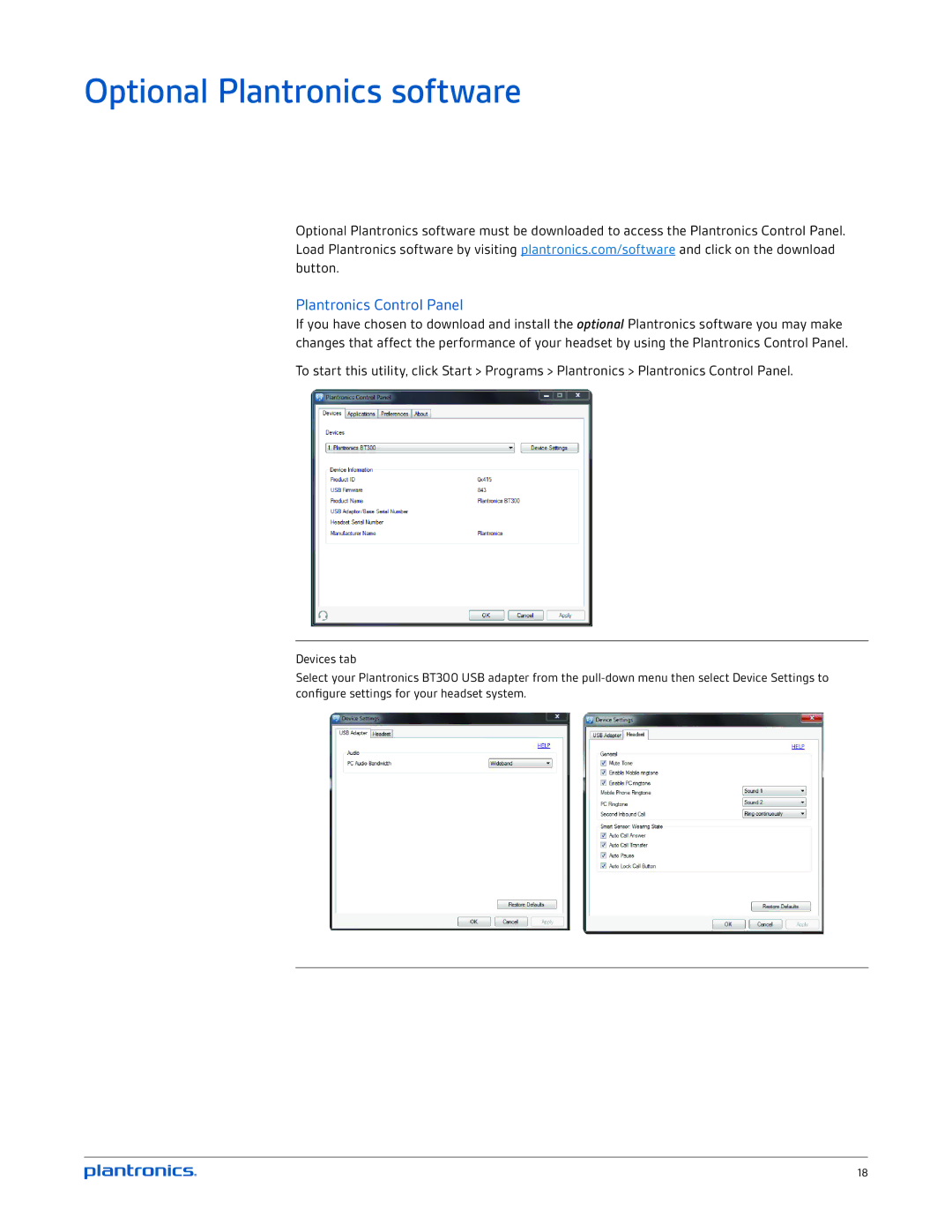 Plantronics BT300 manual Optional Plantronics software, Plantronics Control Panel 