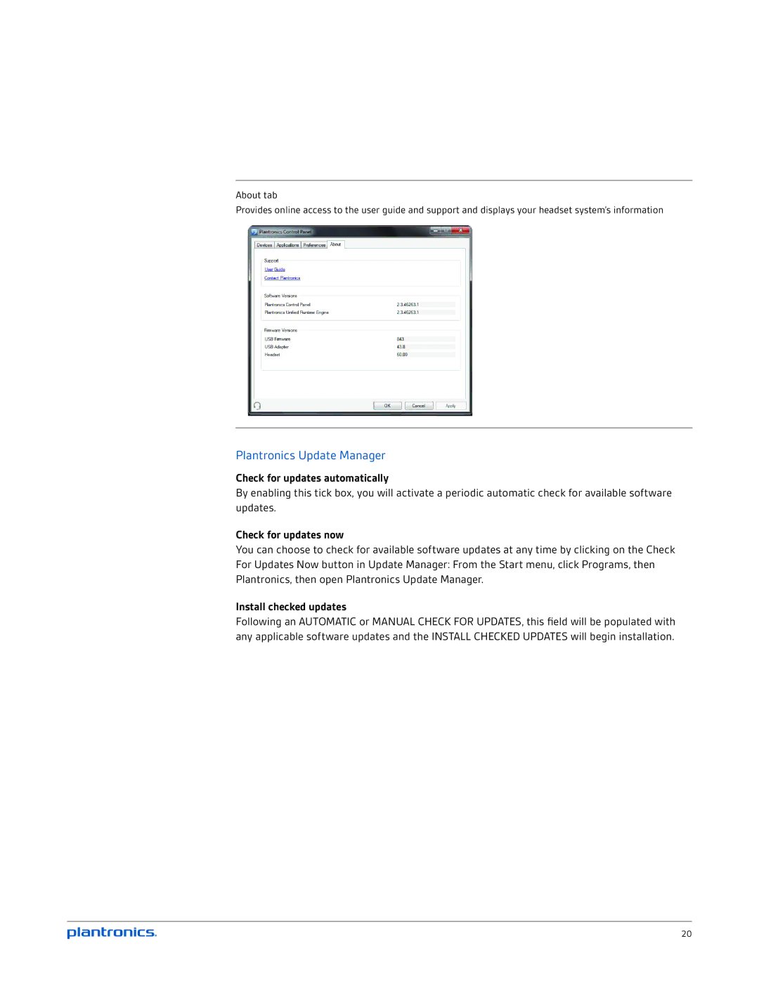 Plantronics BT300 manual Plantronics Update Manager, Check for updates automatically, Check for updates now 