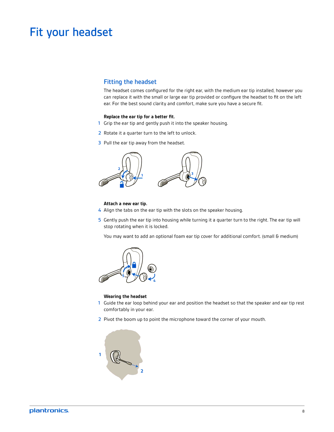 Plantronics BT300 manual Fit your headset, Fitting the headset, Replace the ear tip for a better fit, Attach a new ear tip 