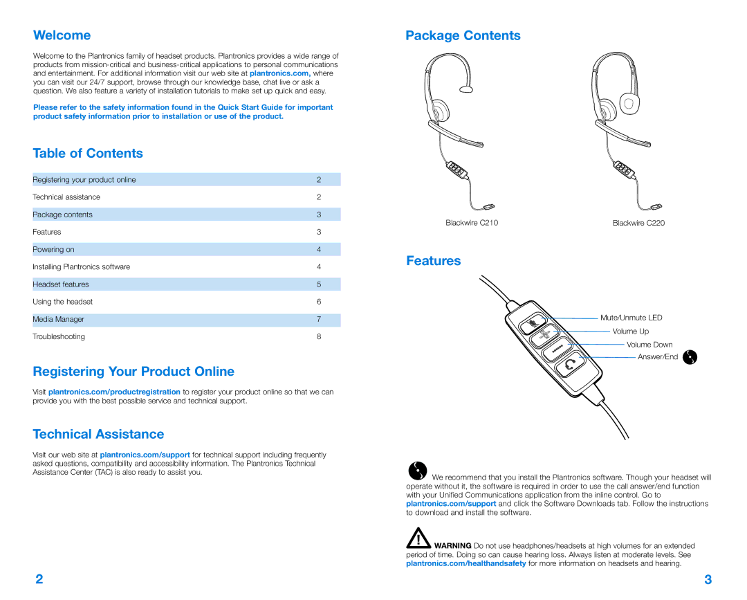 Plantronics C220, C210 manual Welcome, Table of Contents, Features 