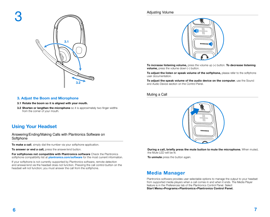 Plantronics C220, C210 Using Your Headset, Media Manager, Adjust the Boom and Microphone, Adjusting Volume, Muting a Call 