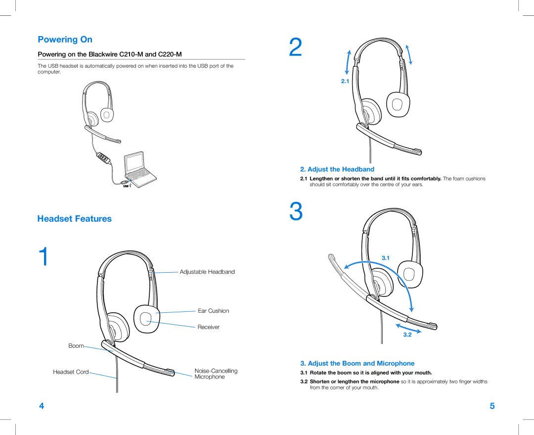 Plantronics C210-M, C220-M manual Powering On, Headset Features 