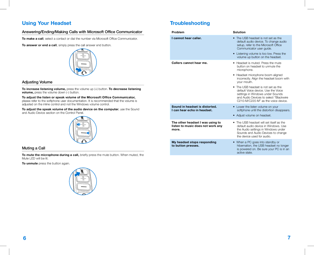 Plantronics C220-M, C210-M manual Using Your Headset, Troubleshooting 