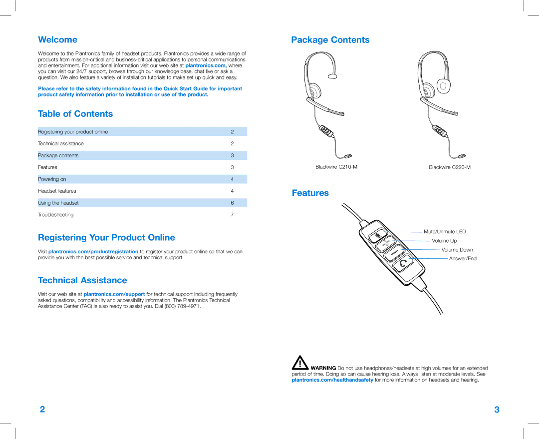 Plantronics C220-M, C210-M manual Welcome, Table of Contents, Features 