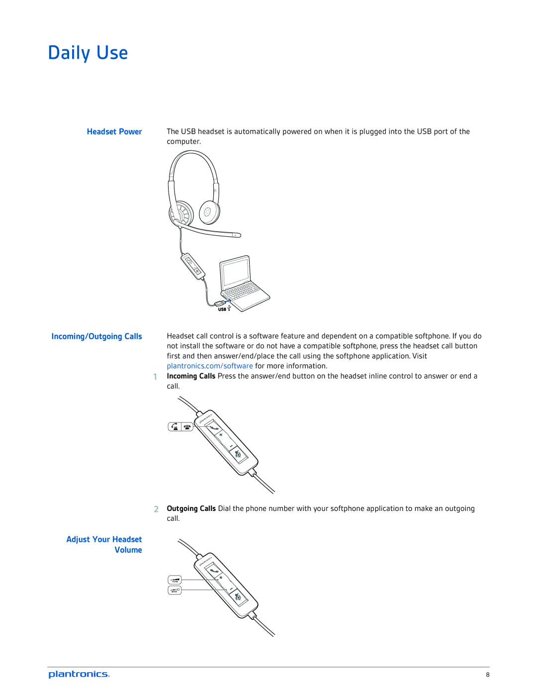 Plantronics C315, C325 manual Daily Use, Adjust Your Headset Volume 