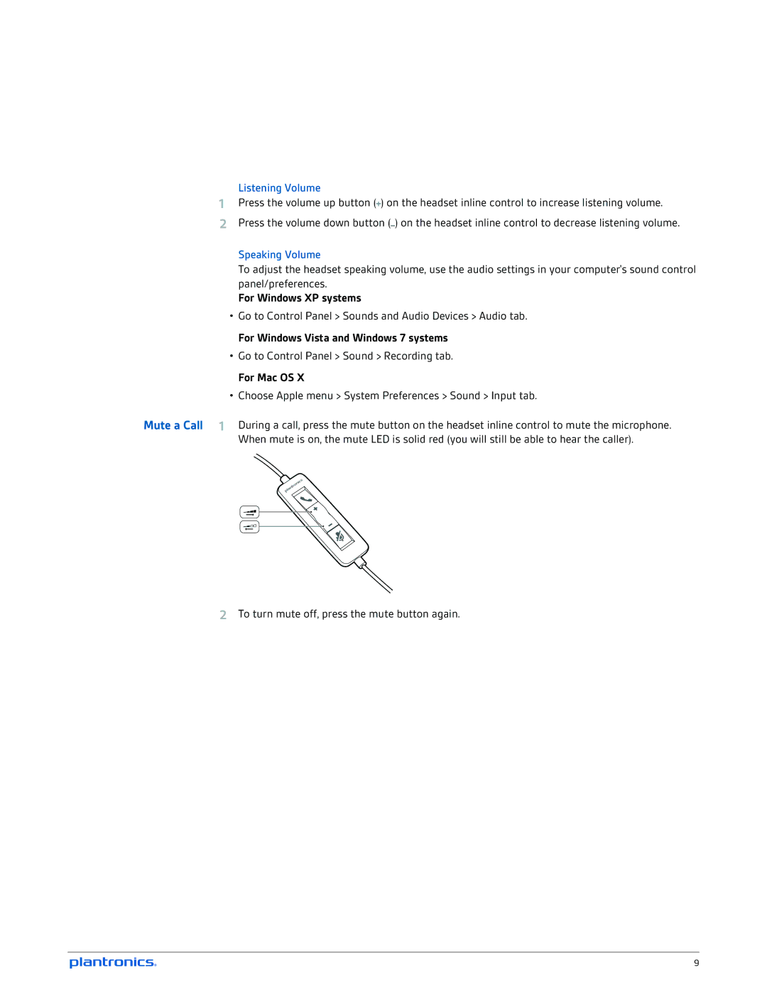 Plantronics C310, C320 manual For Windows XP systems, For Windows Vista and Windows 7 systems, For Mac OS 