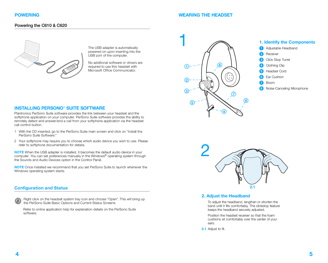 Plantronics Blackwire C610, C620 manual Powering, Installing PerSono Suite Software, Wearing the Headset 