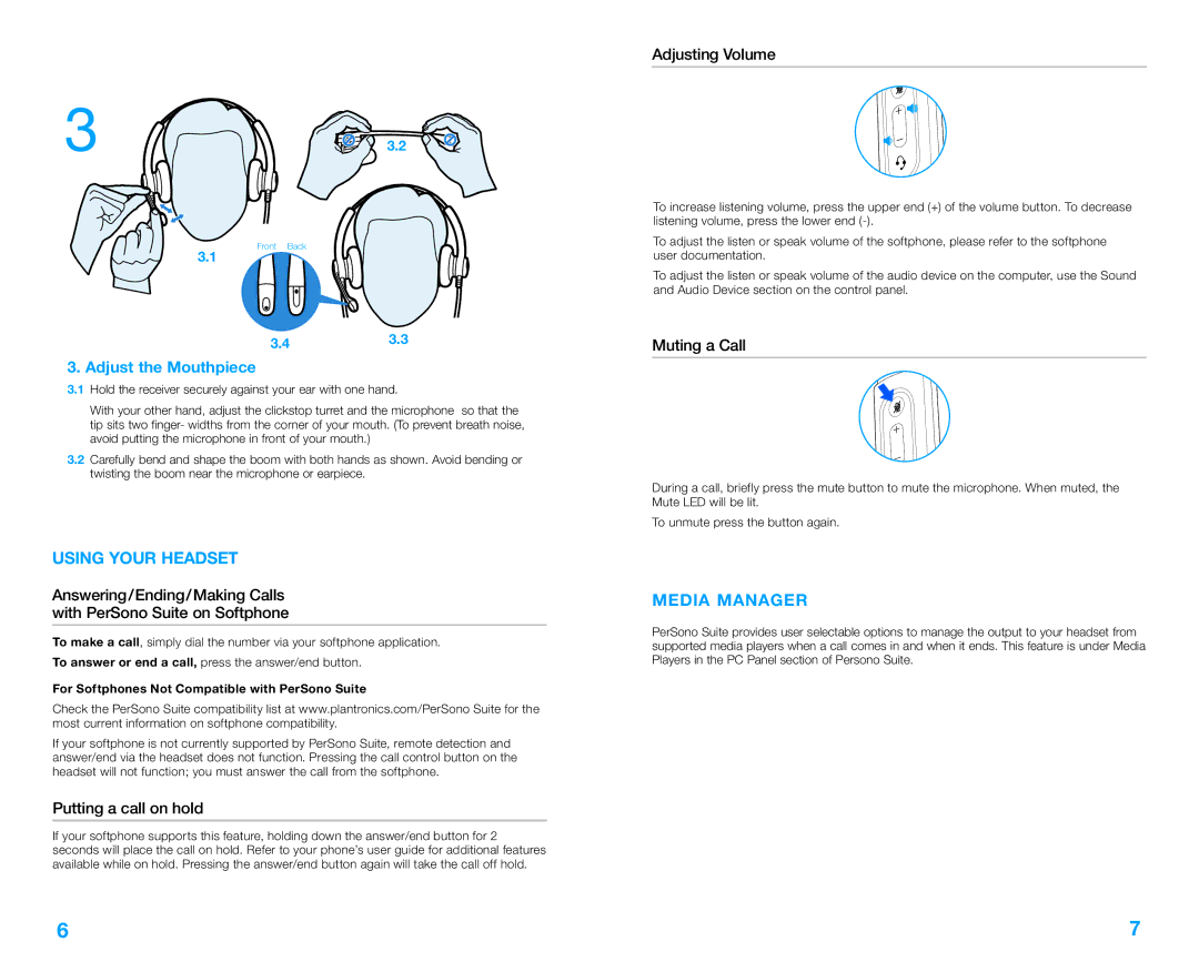 Plantronics C620, Blackwire C610 manual Using your Headset, Media Manager, Adjust the Mouthpiece 