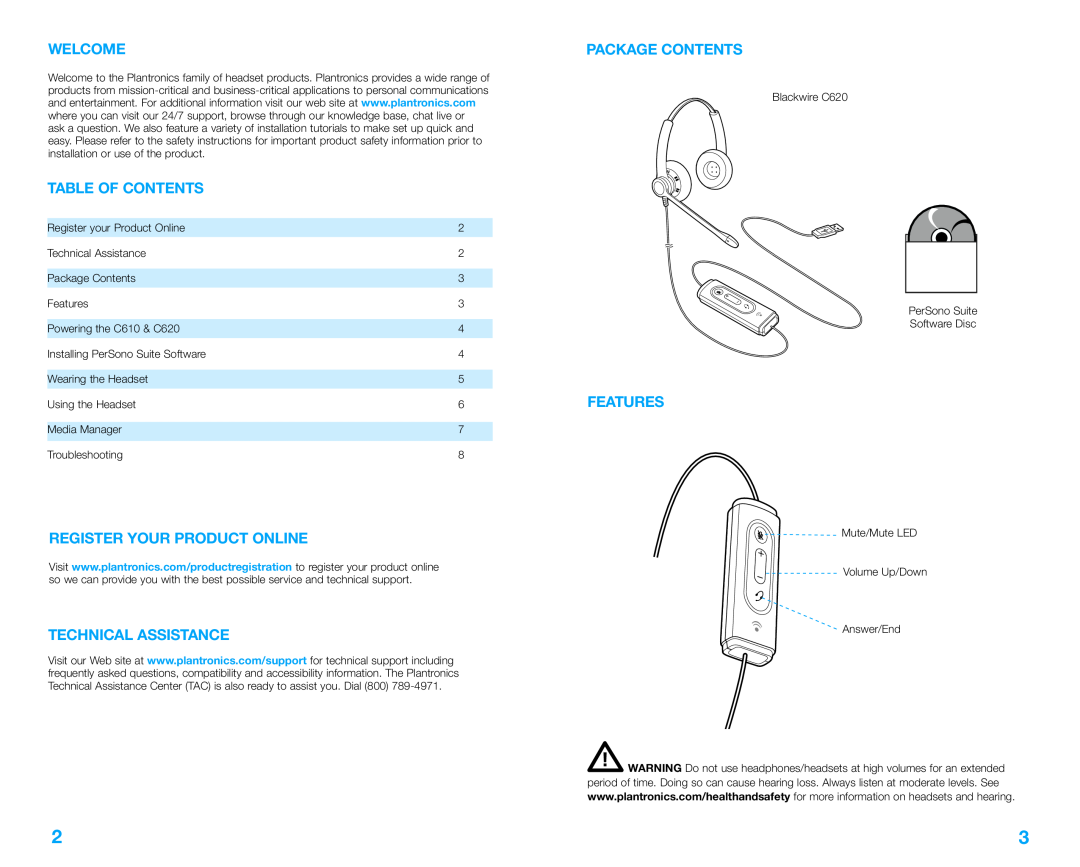 Plantronics C620 manual Welcome, Table Of Contents, Register Your Product Online, Technical Assistance, Package Contents 