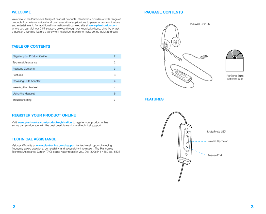 Plantronics C620-M manual Welcome Table of Contents, Features 