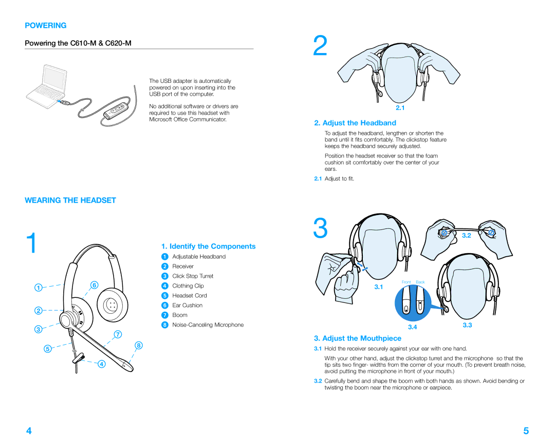 Plantronics manual Wearing the Headset, Powering the C610-M & C620-M 