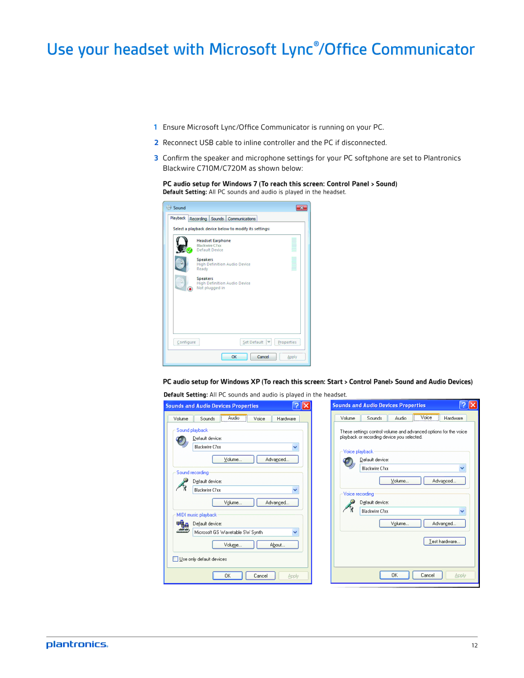 Plantronics C710M, C720M manual Use your headset with Microsoft Lync/Office Communicator 