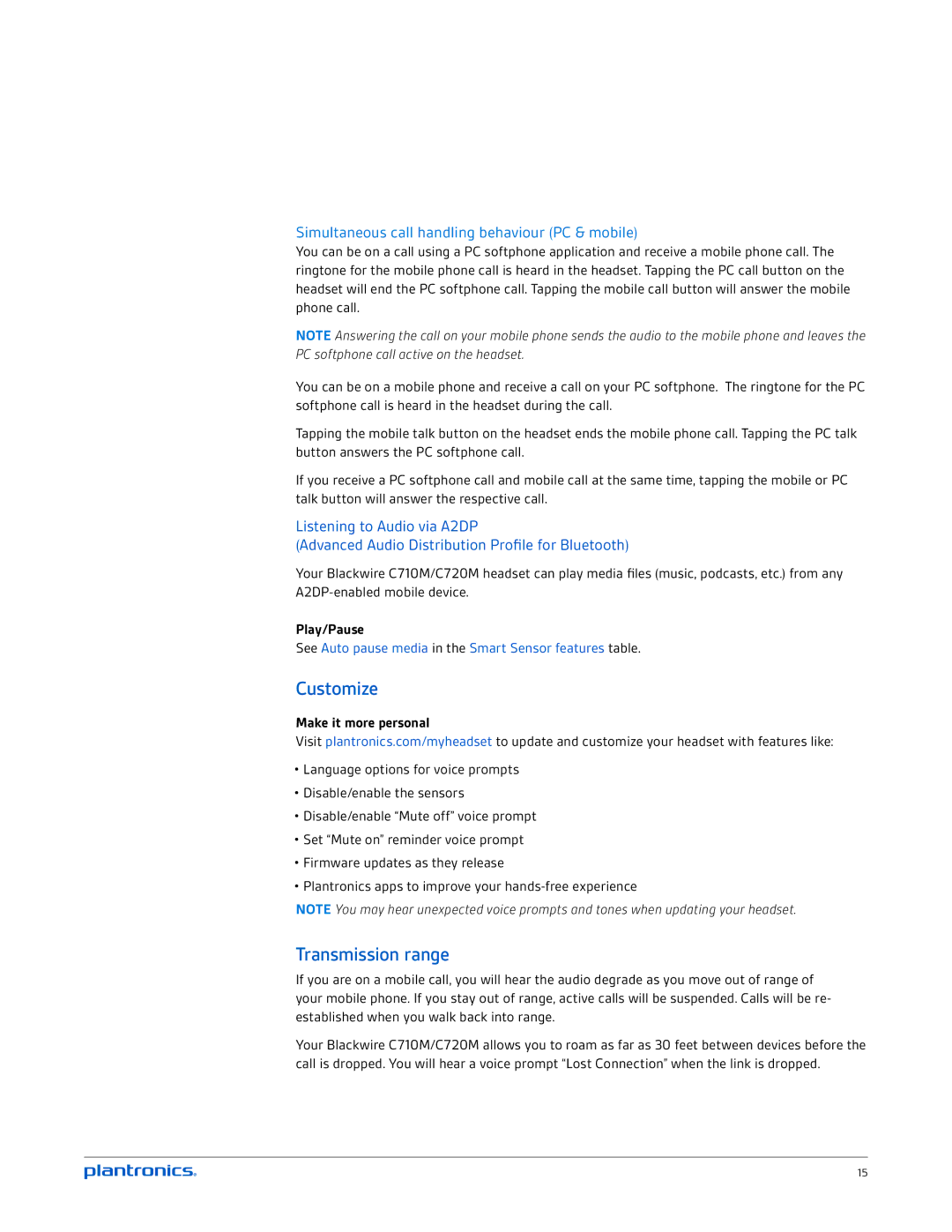 Plantronics C720M, C710M manual Customize, Transmission range, Simultaneous call handling behaviour PC & mobile, Play/Pause 