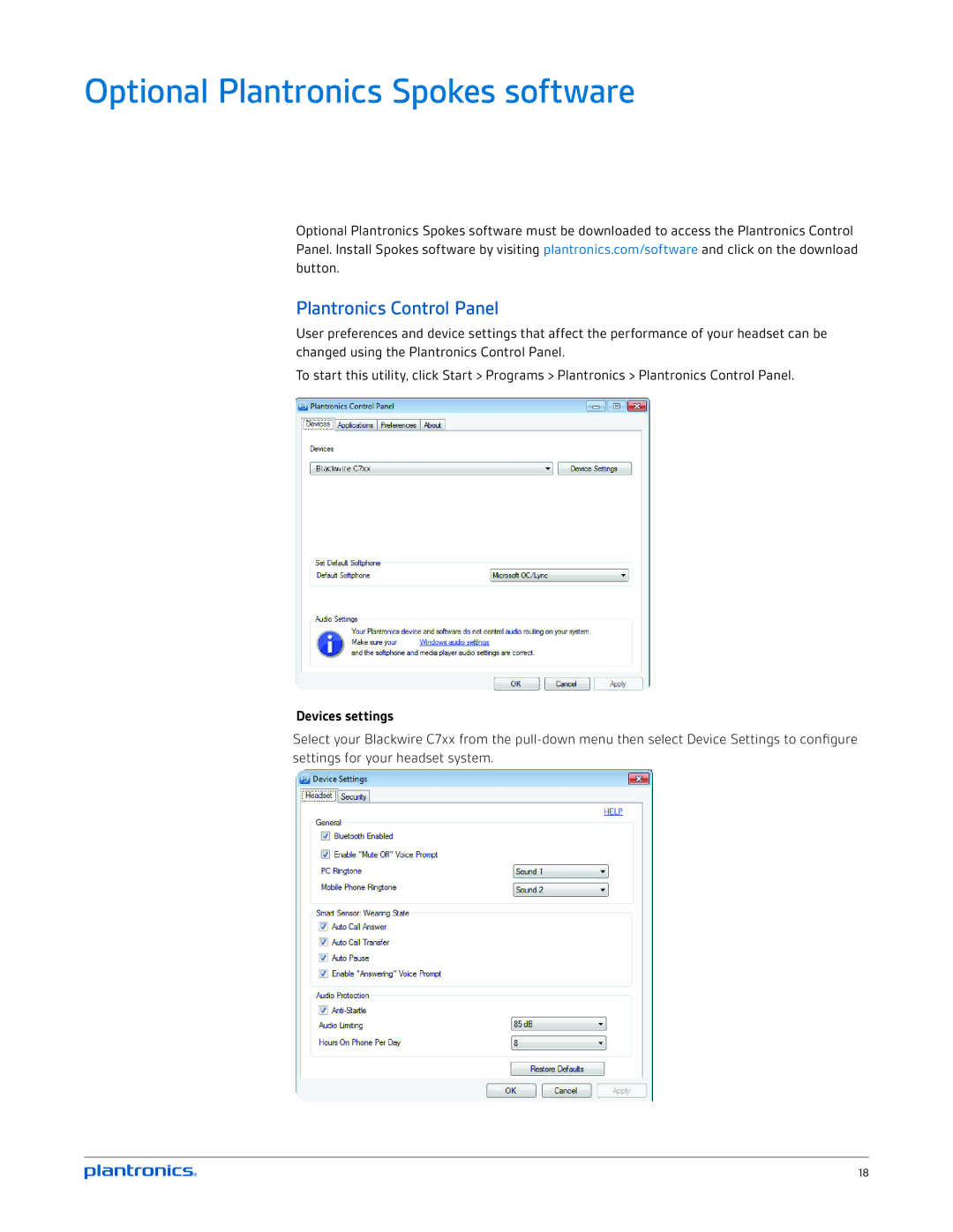 Plantronics C710M, C720M manual Optional Plantronics Spokes software, Plantronics Control Panel, Devices settings 