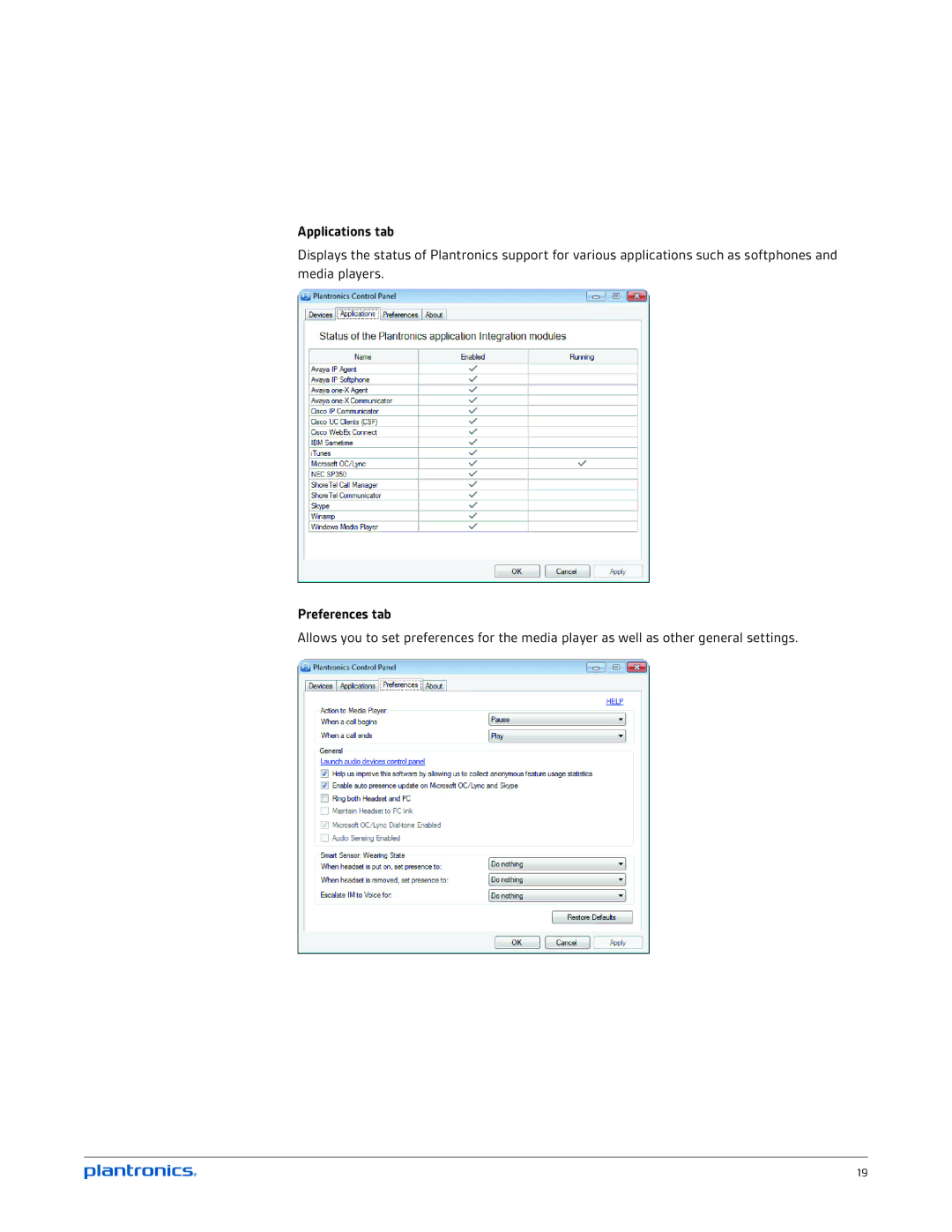 Plantronics C720M, C710M manual Applications tab, Preferences tab 