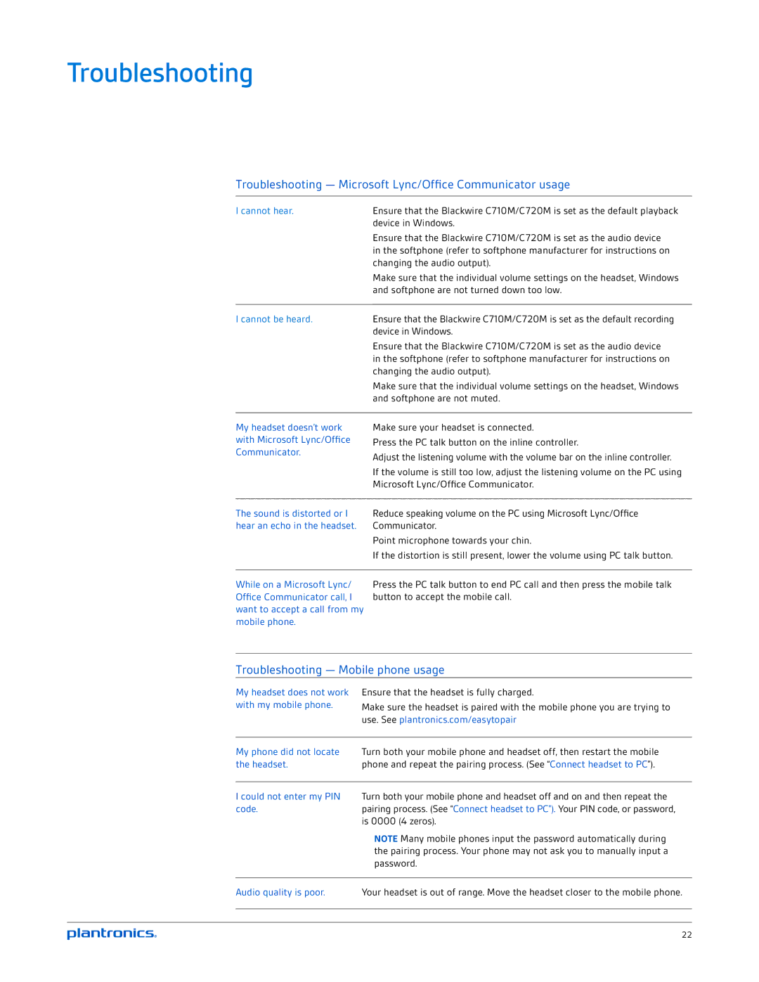 Plantronics C710M, C720M Troubleshooting Microsoft Lync/Office Communicator usage, Troubleshooting Mobile phone usage 