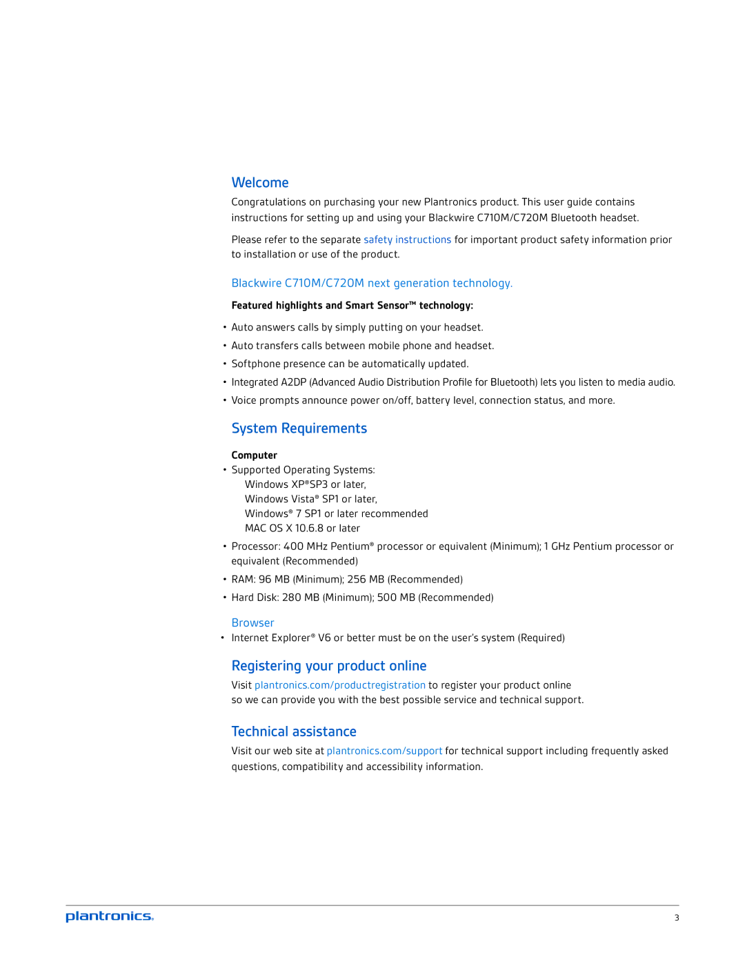 Plantronics C720M, C710M manual Welcome, System Requirements, Registering your product online Technical assistance, Browser 