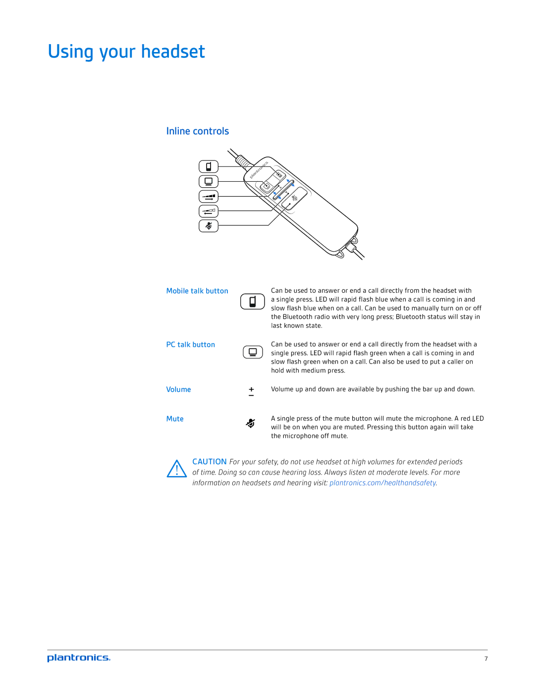 Plantronics C720M, C710M manual Using your headset, Inline controls 