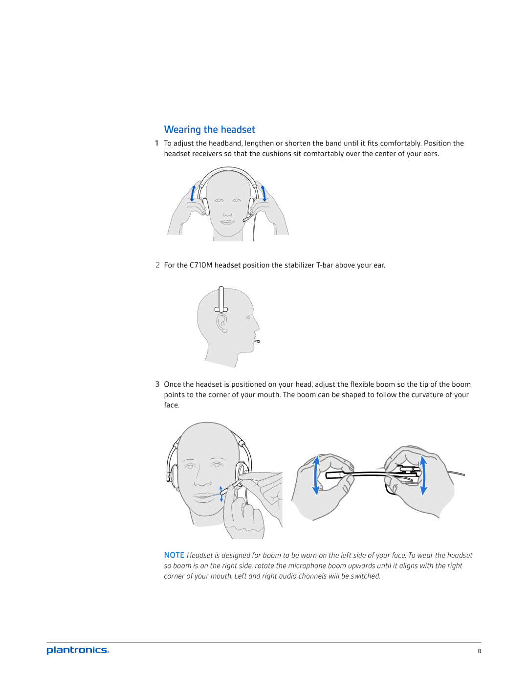 Plantronics C710M, C720M manual Wearing the headset 