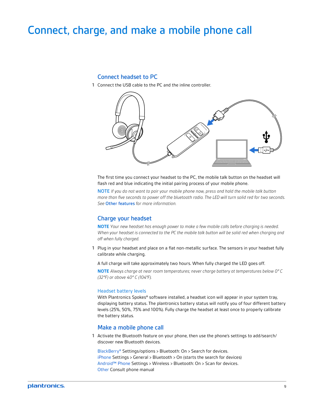 Plantronics C720M, C710M manual Connect, charge, and make a mobile phone call, Connect headset to PC, Charge your headset 