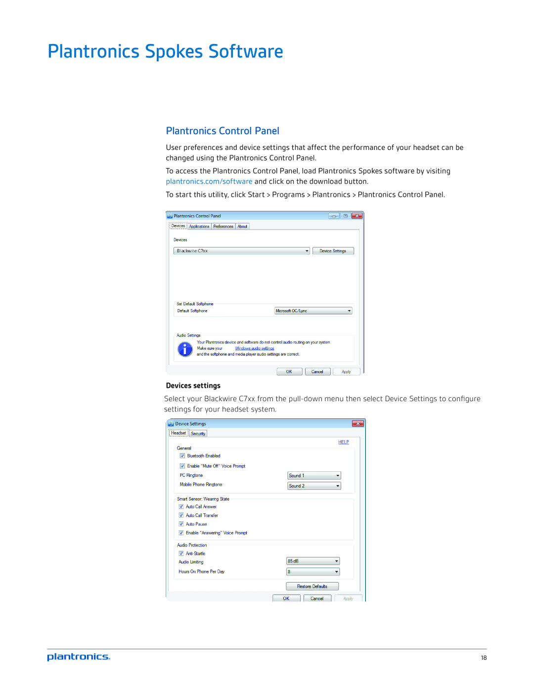 Plantronics C720, C710 manual Plantronics Spokes Software, Plantronics Control Panel, Devices settings 