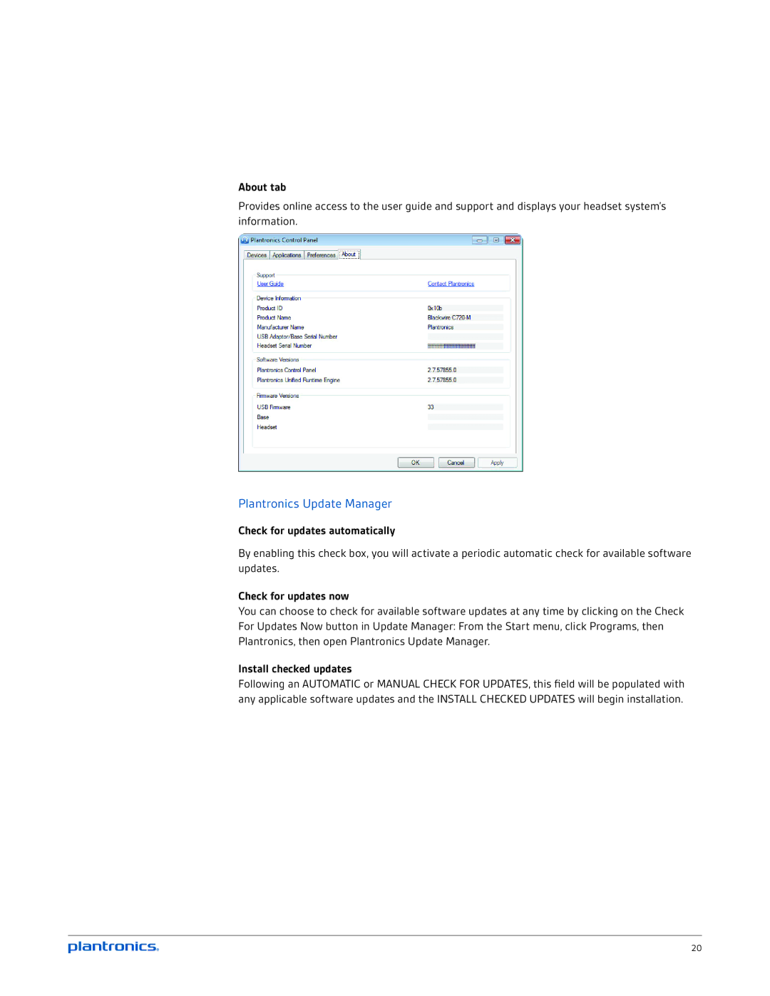 Plantronics C720, C710 manual Plantronics Update Manager, About tab, Check for updates automatically, Check for updates now 