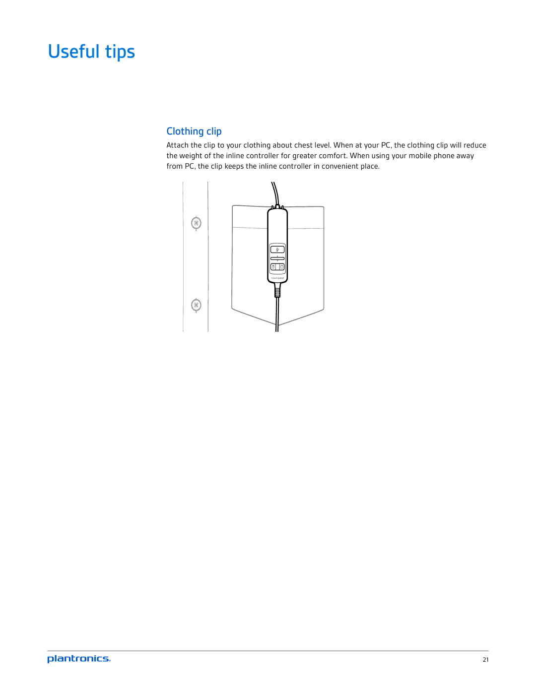 Plantronics C710, C720 manual Useful tips, Clothing clip 