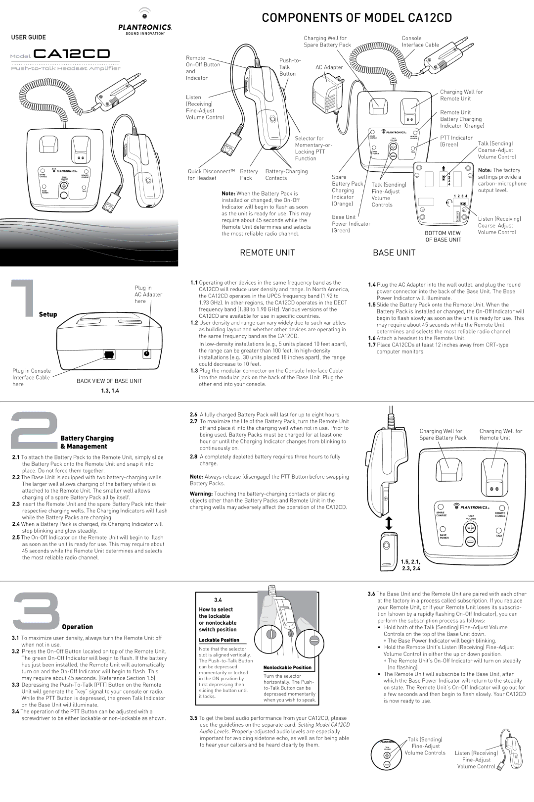 Plantronics CA12CD manual Setup, 2Battery Charging Management, 3Operation, 2.1, 2.3 