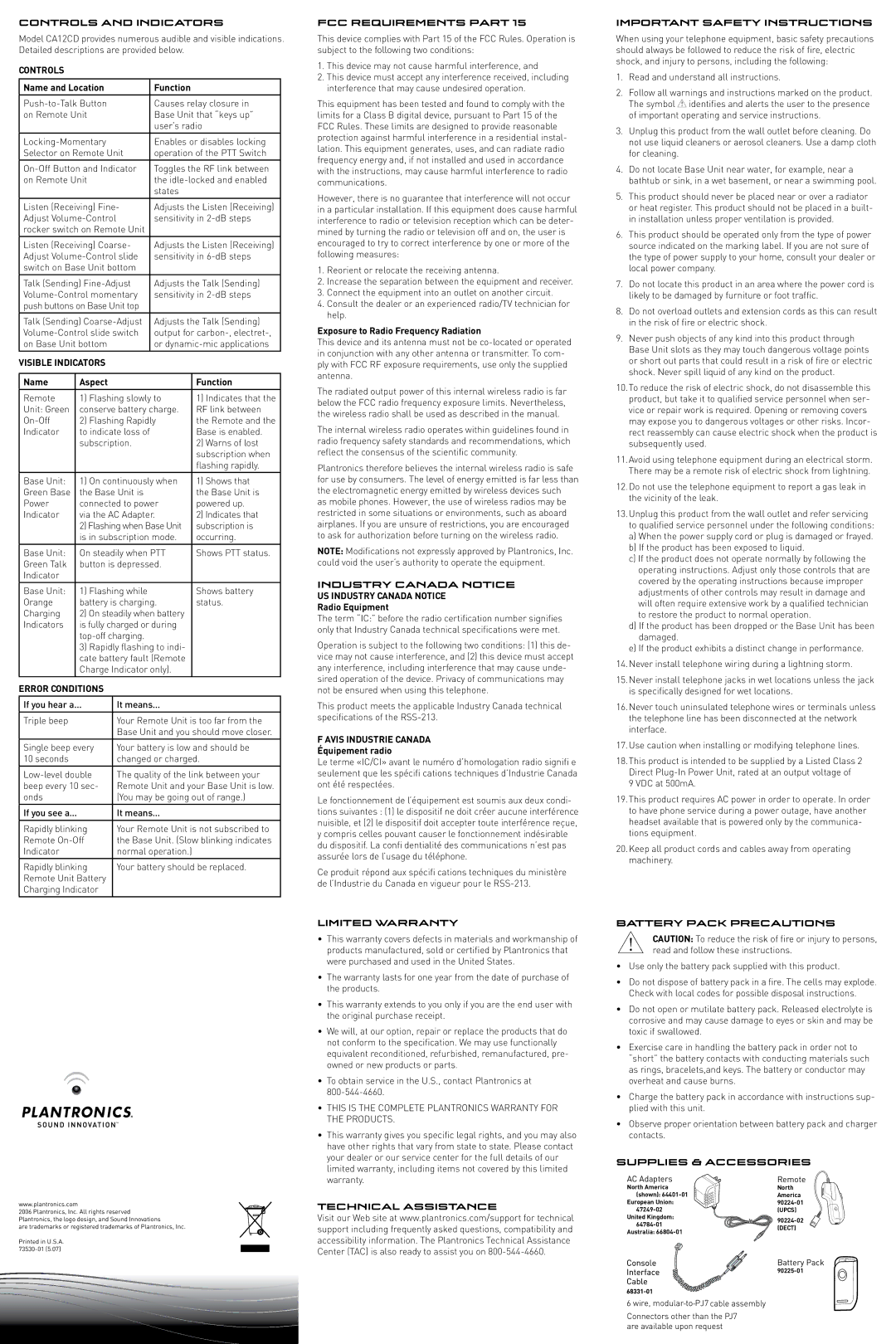 Plantronics CA12CD Controls and Indicators, Visible Indicators, Error Conditions, FCC Requirements Part, Limited Warranty 